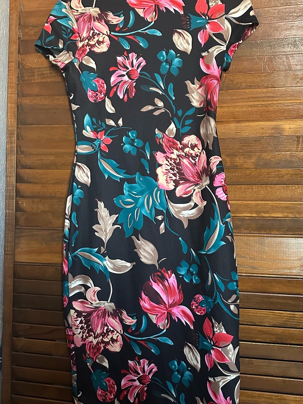 Floral Sheath Dress in Black with Teal & Pink Floral Print